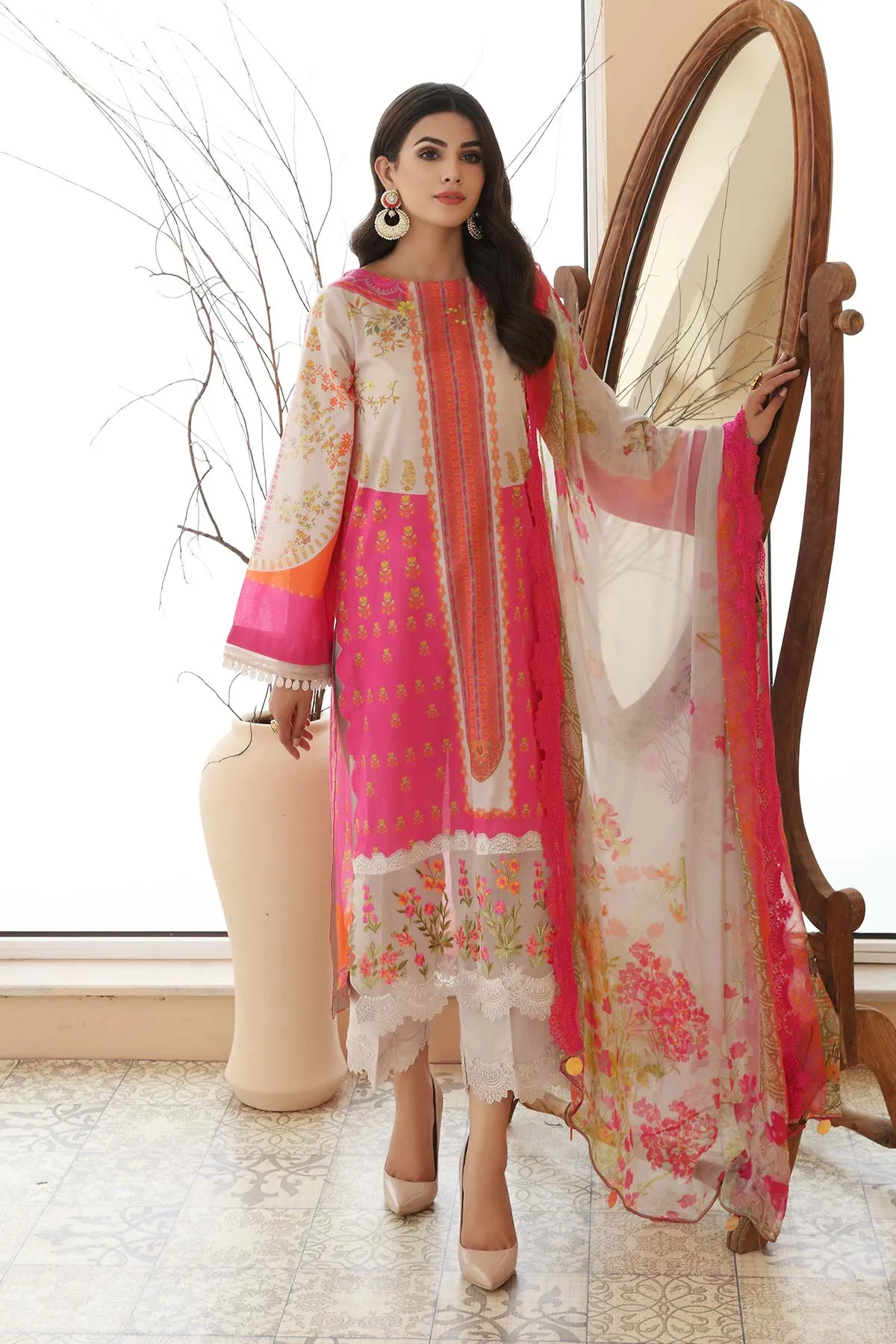 3 Pc Unstitched Embroidered Lawn With Chiffon Dupatta CEL-15