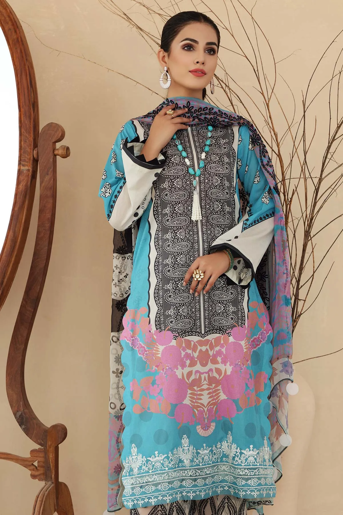 3 Pc Unstitched Embroidered Lawn With Chiffon Dupatta CEL-16-B