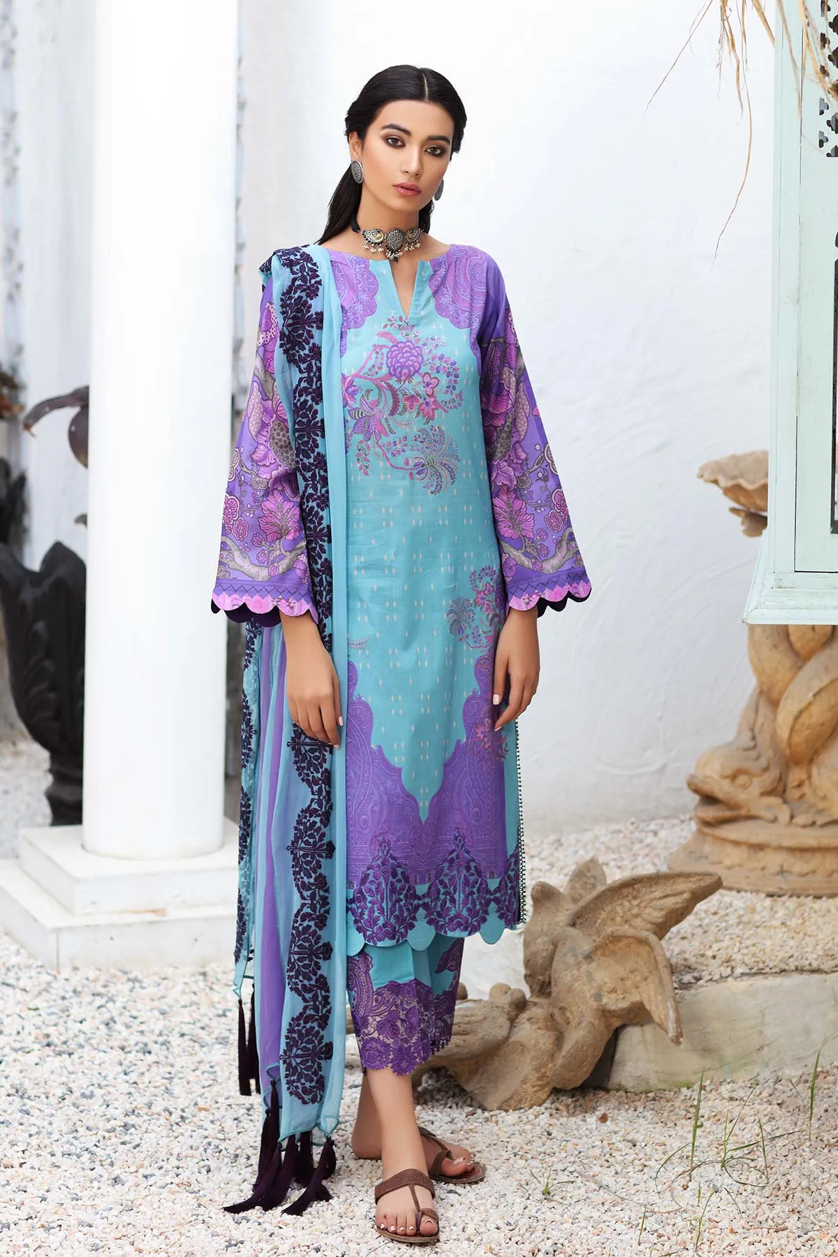 3-Pc Unstitched Embroidered Lawn With Chiffon Dupatta CN-14A