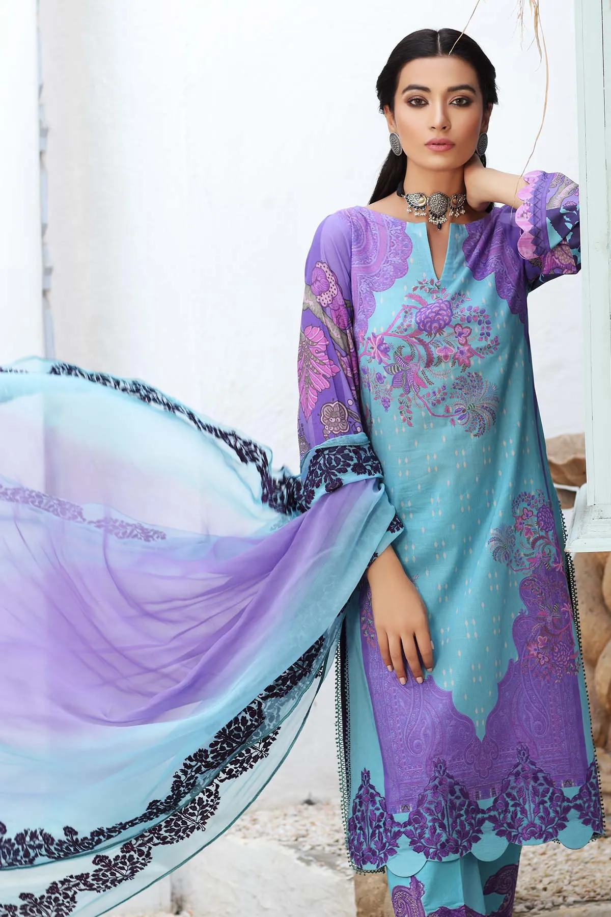 3-Pc Unstitched Embroidered Lawn With Chiffon Dupatta CN-14A