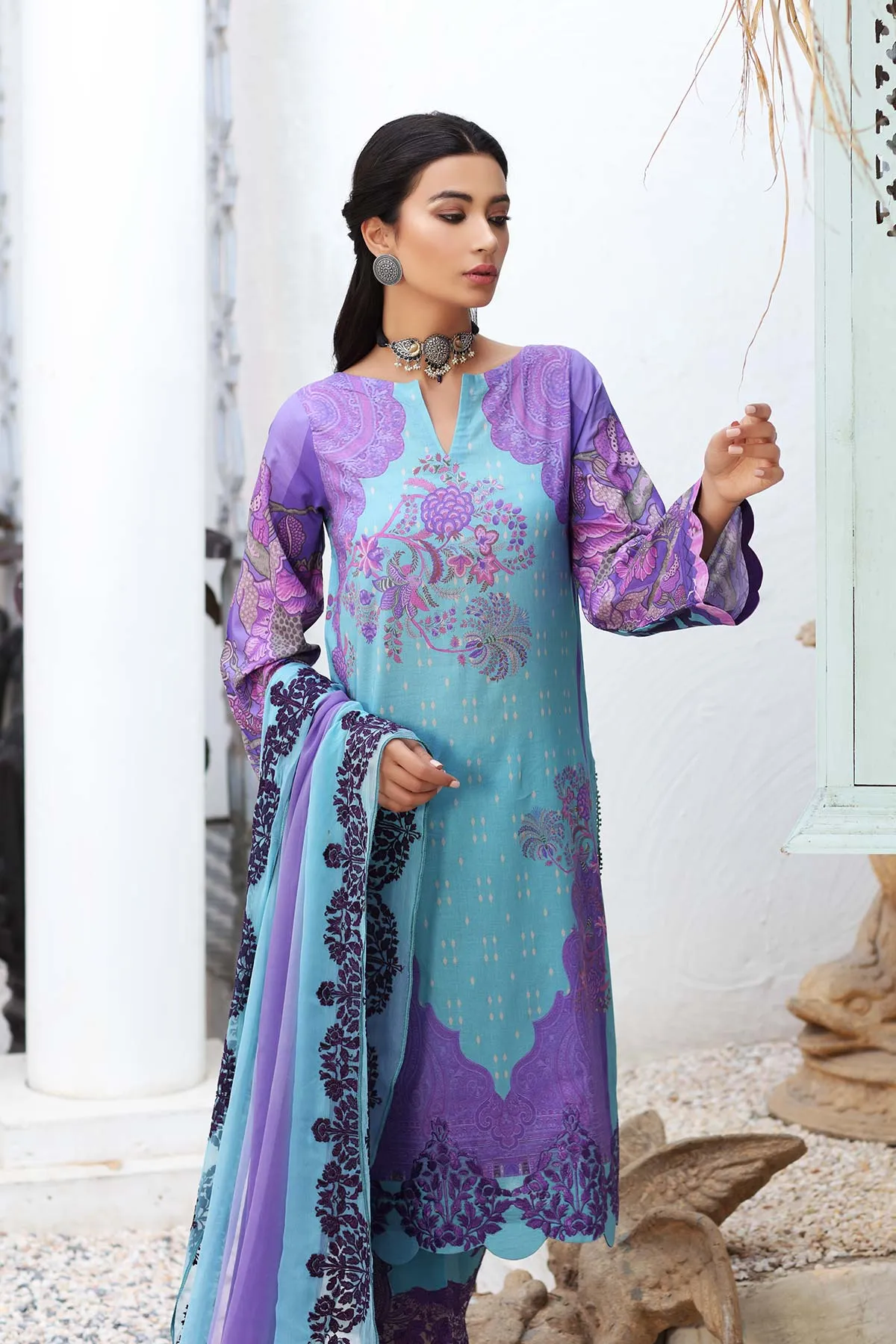 3-Pc Unstitched Embroidered Lawn With Chiffon Dupatta CN-14A