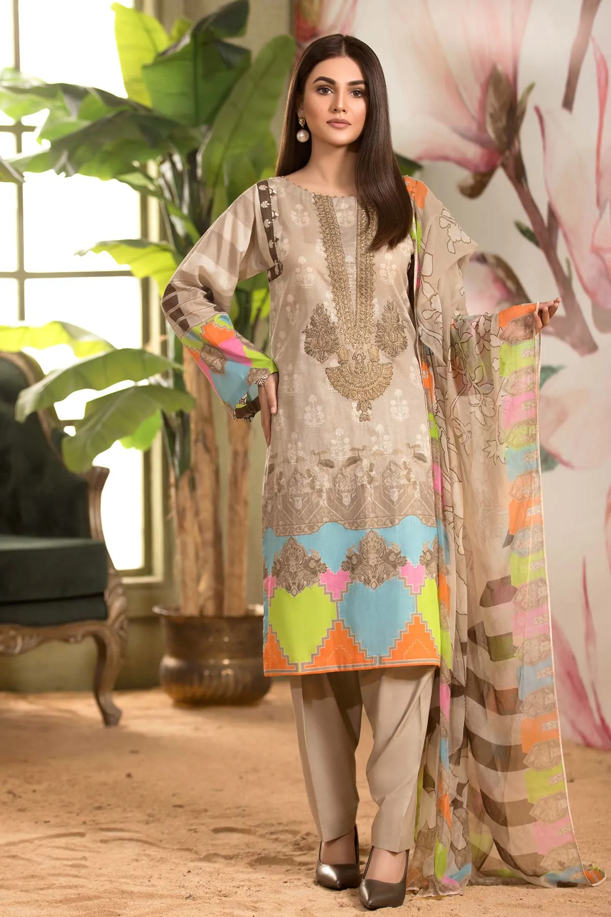 3-piece Unstitched Embroidered Lawn with Chiffon Dupatta CC-10