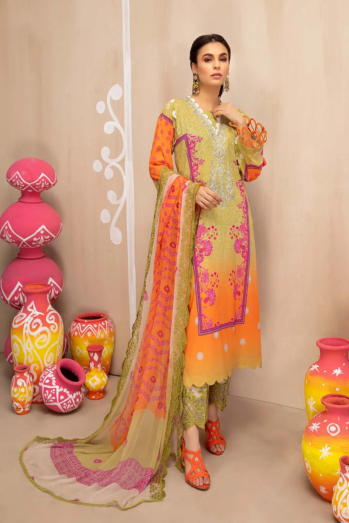 3-piece Unstitched Embroidered Lawn With Chiffon Dupatta CHN-09