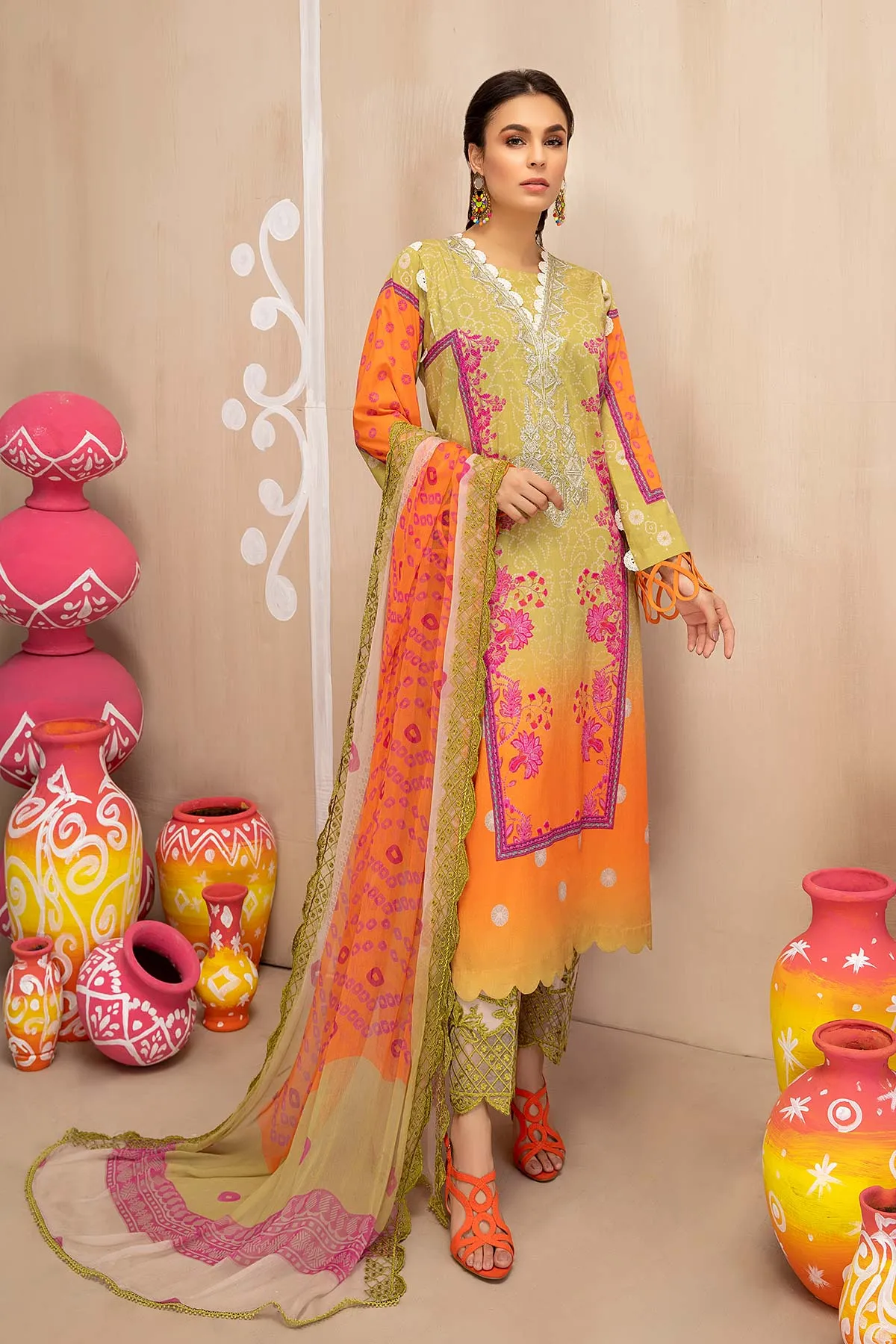 3-piece Unstitched Embroidered Lawn With Chiffon Dupatta CHN-09