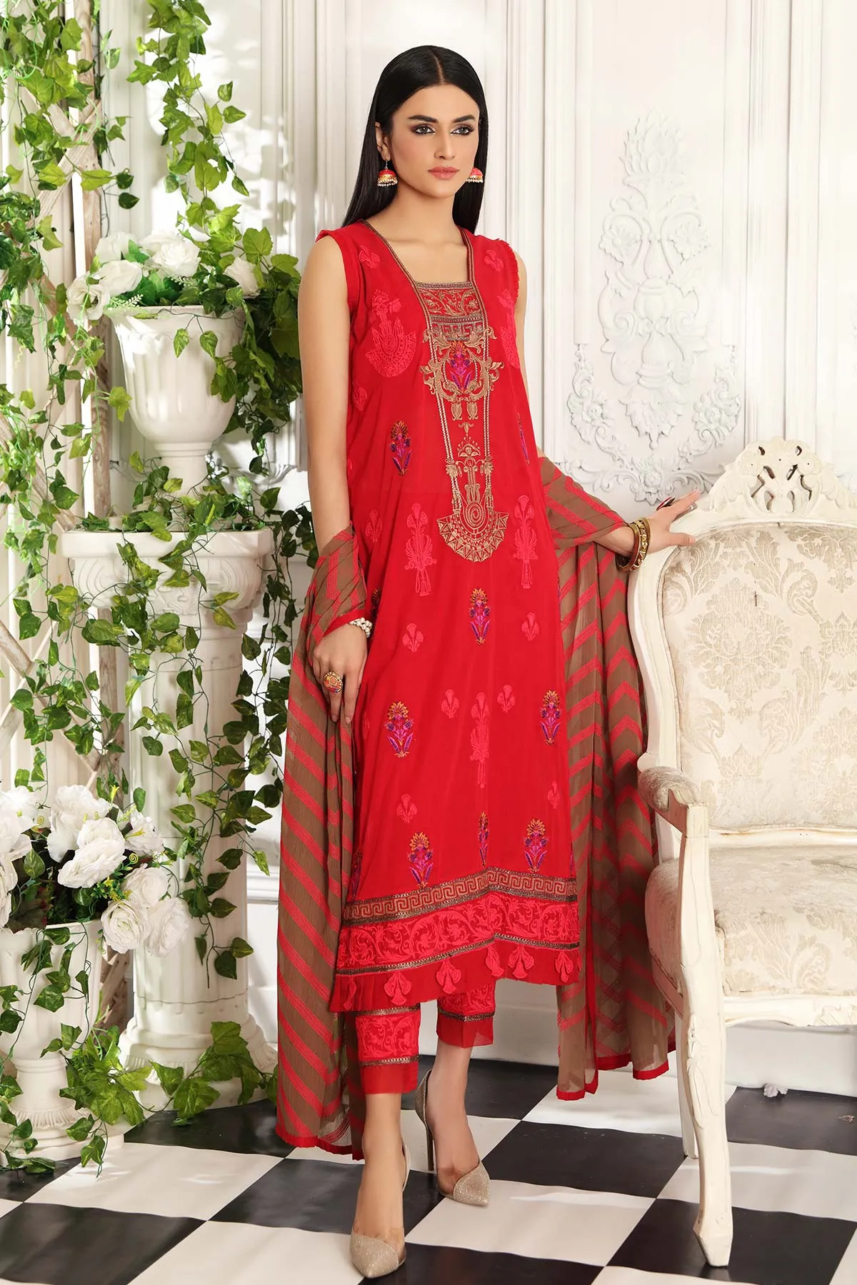 3-piece Unstitched Embroidered Swiss With Chiffon Dupatta CM-03