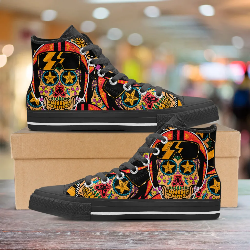 Biker Sugar Skull High Top Shoes Black