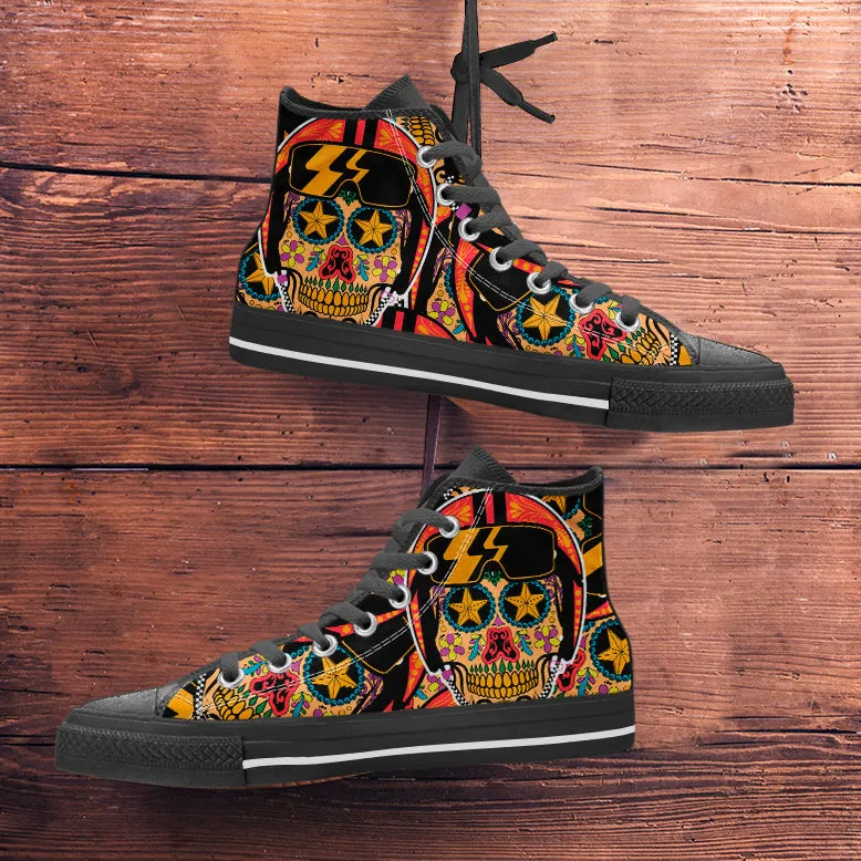 Biker Sugar Skull High Top Shoes Black