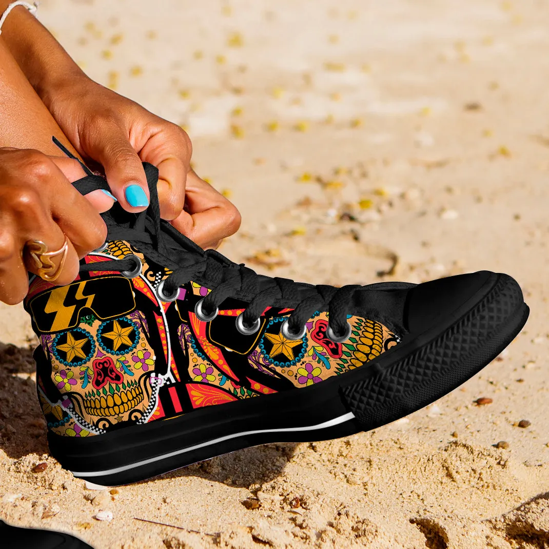 Biker Sugar Skull High Top Shoes Black