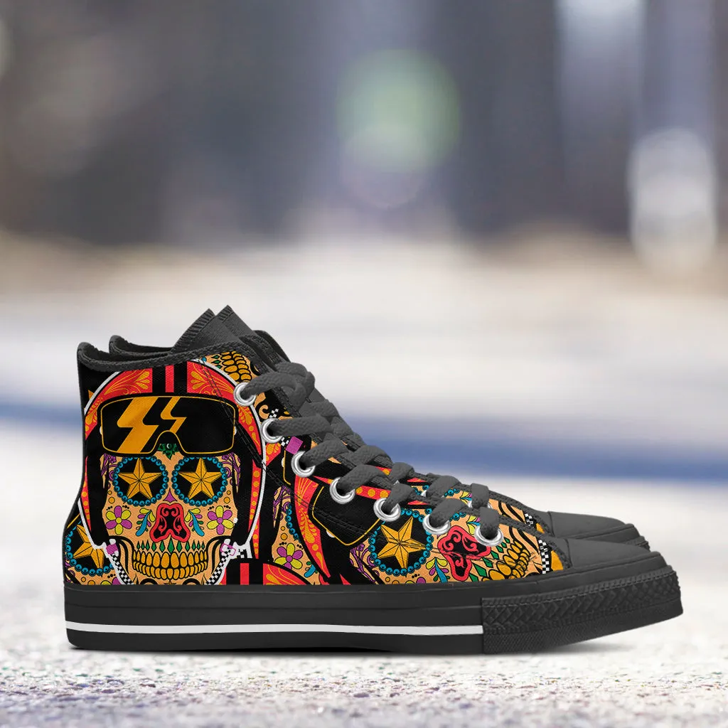 Biker Sugar Skull High Top Shoes Black