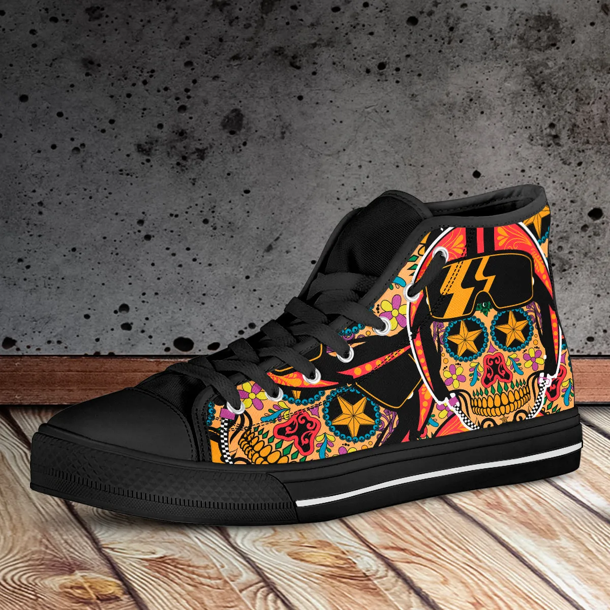 Biker Sugar Skull High Top Shoes Black