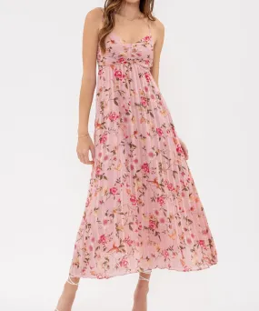 Bird and Floral Print Pleated Midi Dress - Pink Multi