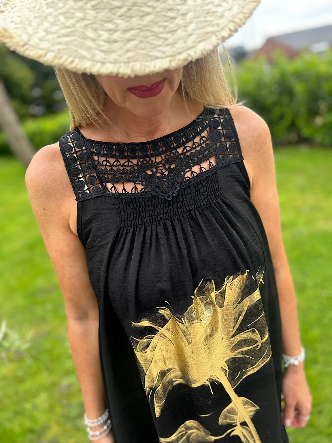 Black & Gold Crochet Detail Flower Print Dress Mandy