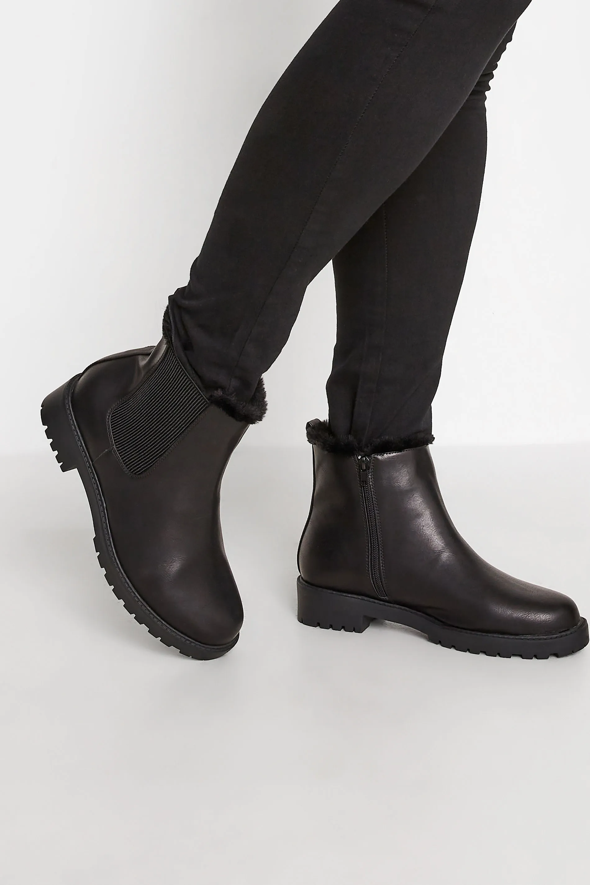 Black Faux Fur Chelsea Boots In Wide E Fit & Wide EEE Fit