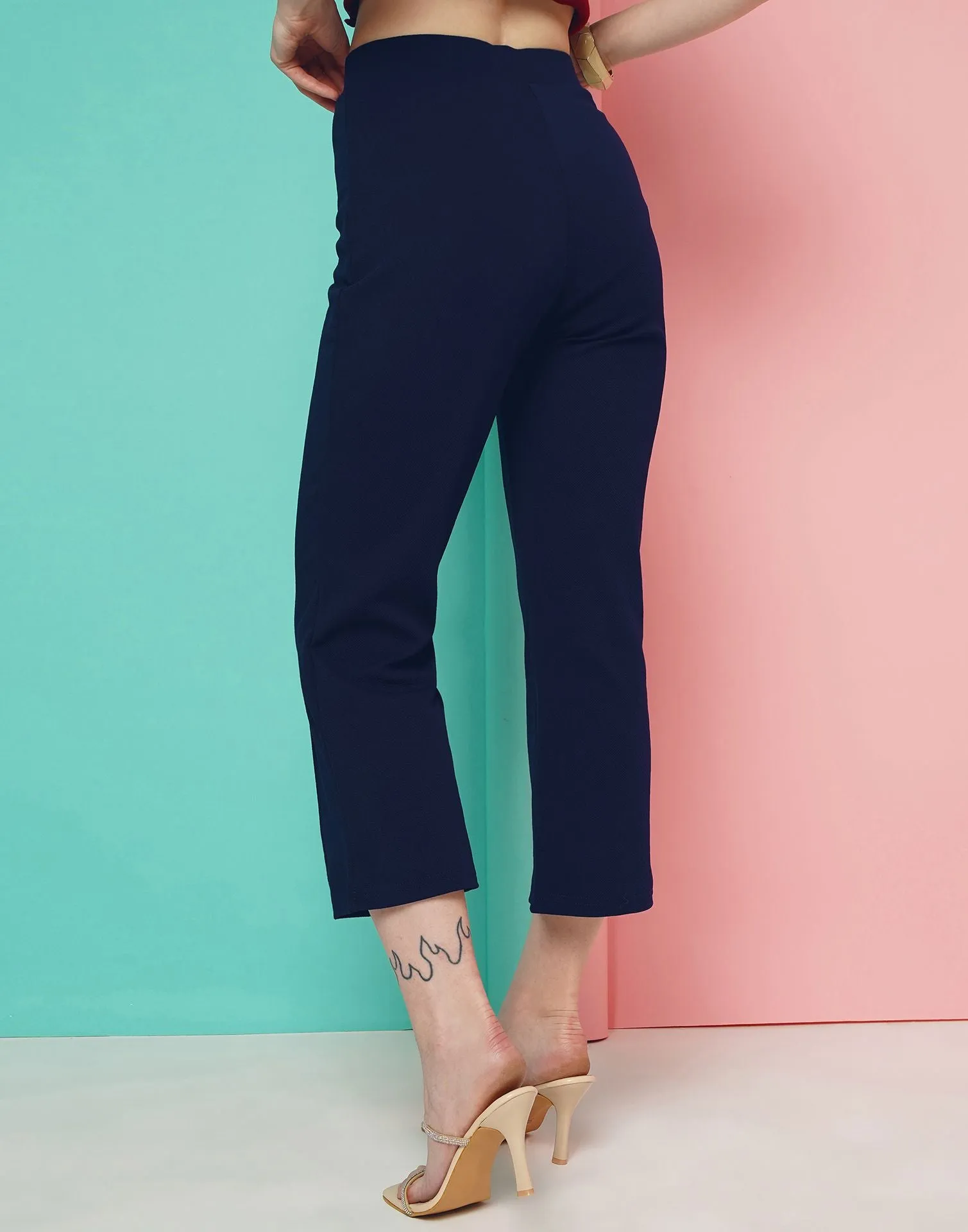 Blue Pin Tuck Ankle Length Trouser