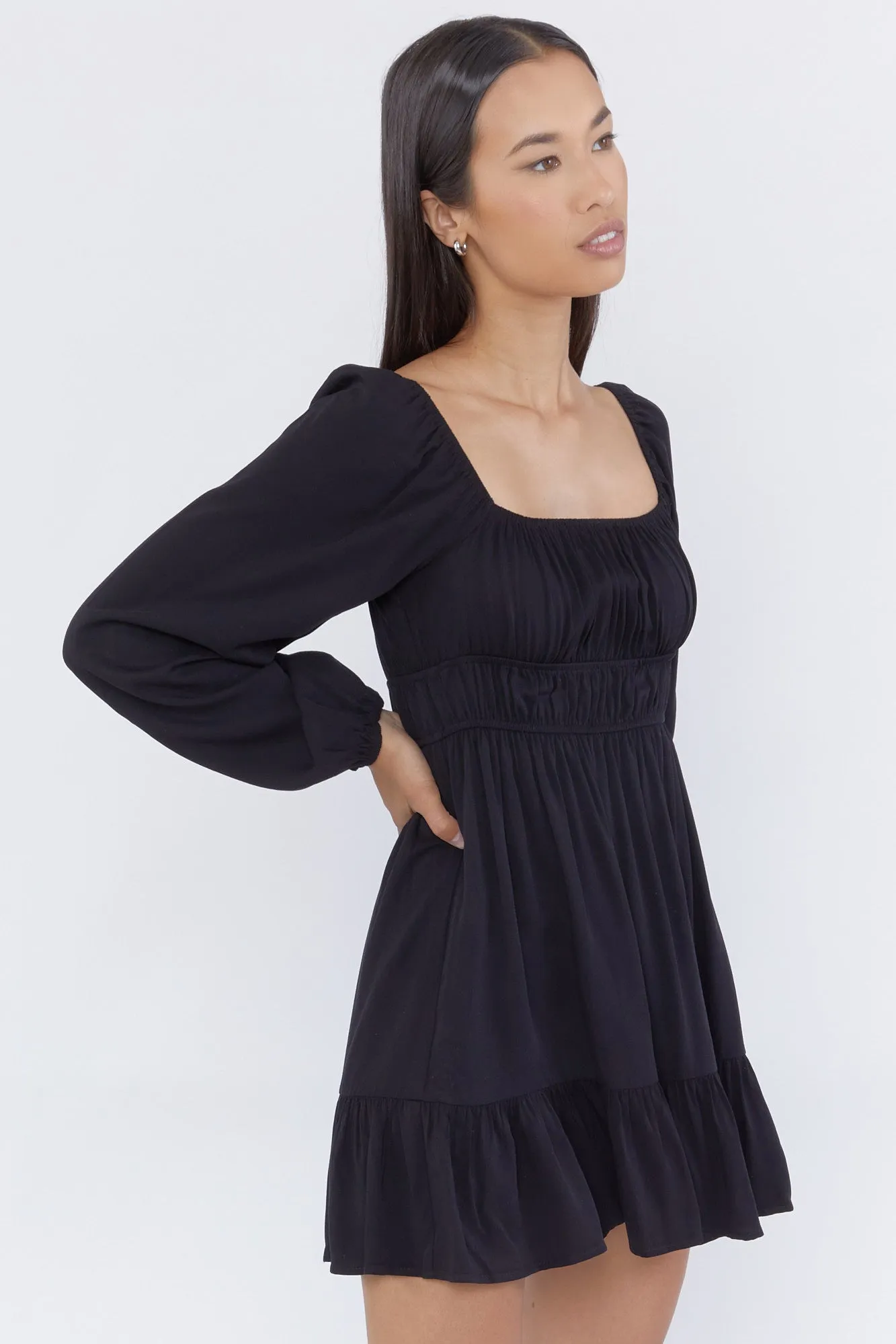 Cinched Waist Long Sleeve Milkmaid Dress