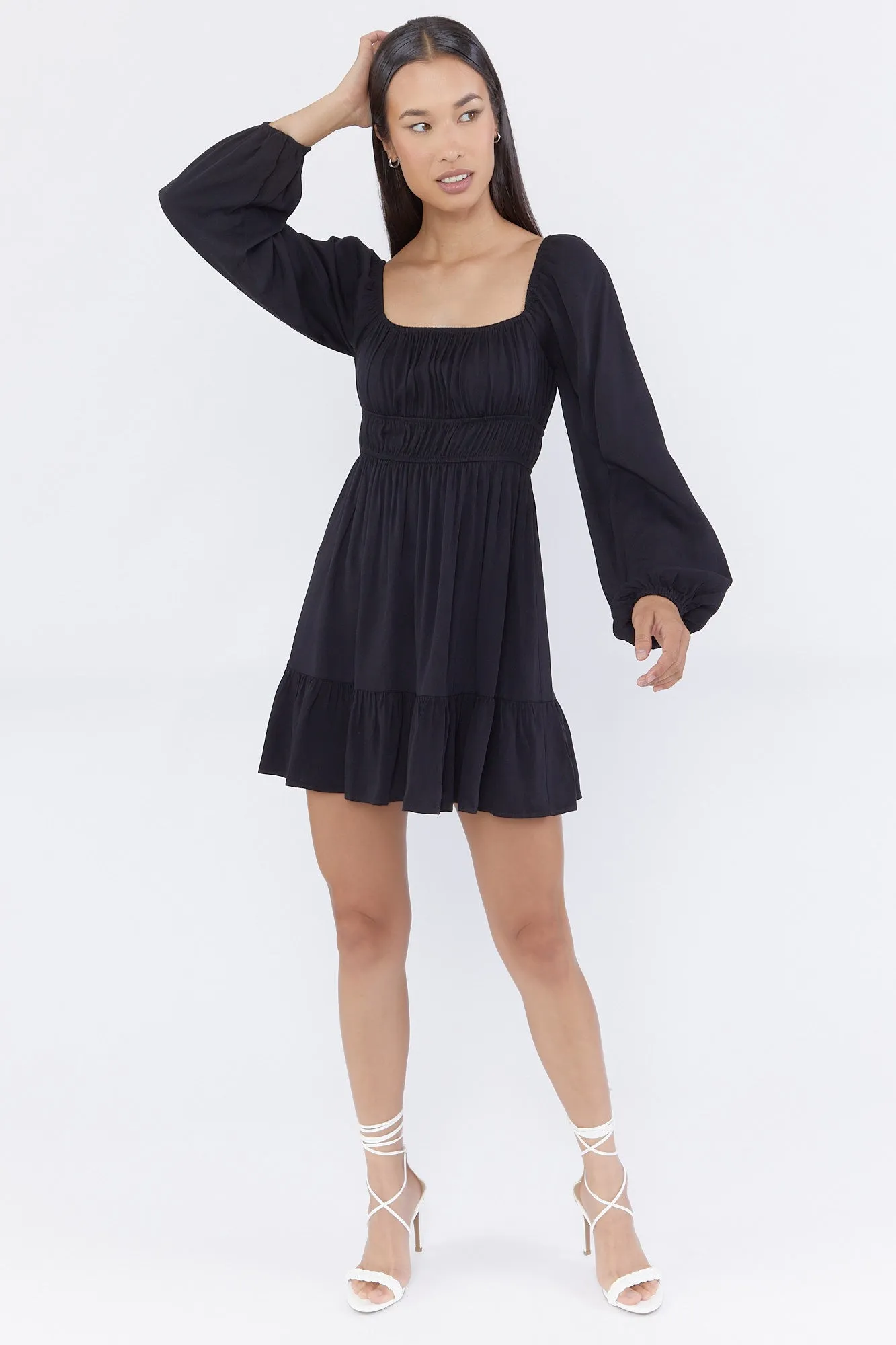 Cinched Waist Long Sleeve Milkmaid Dress