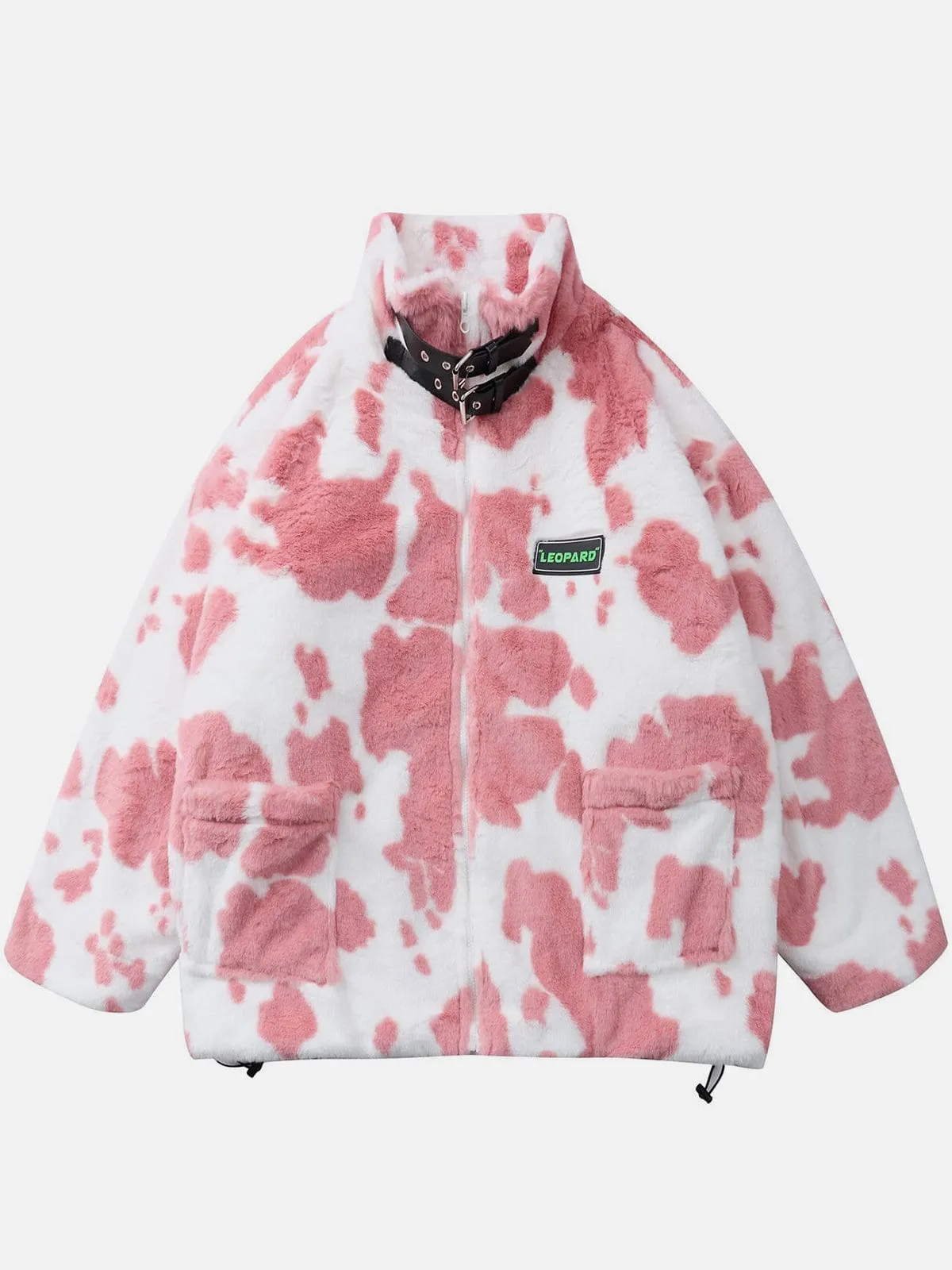 Cow Pattern Print Buckle Sherpa Winter Coat