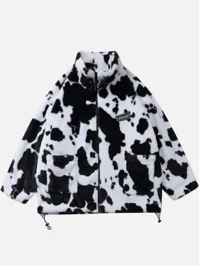 Cow Pattern Print Buckle Sherpa Winter Coat