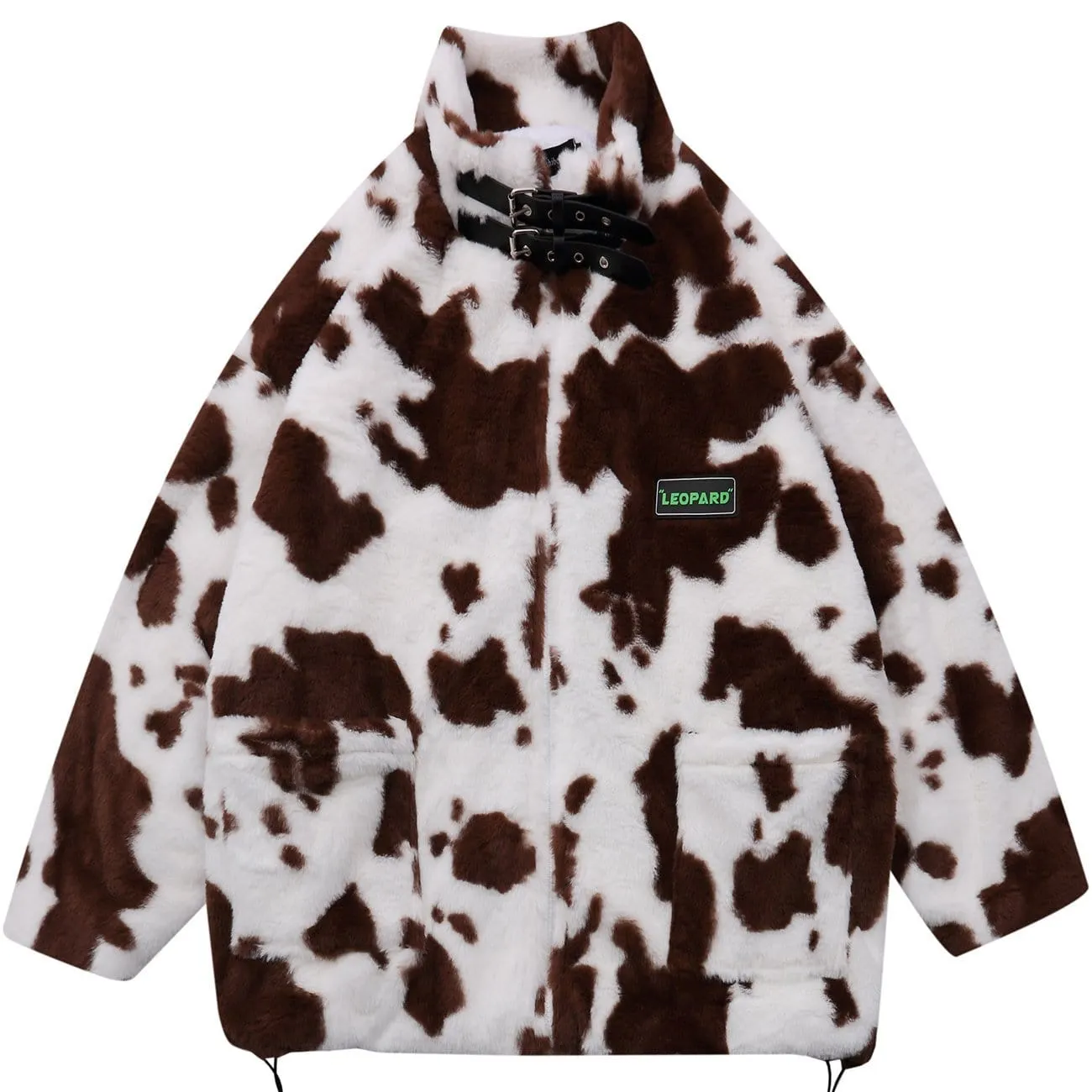 Cow Pattern Print Buckle Sherpa Winter Coat