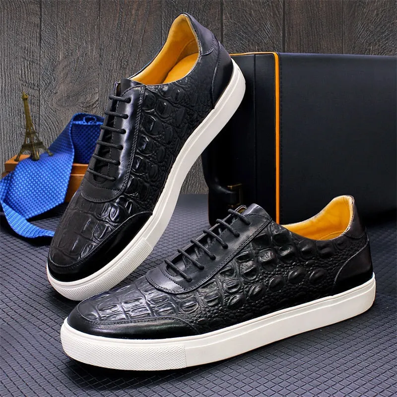 Crocodile Skin Leather Lace-Up Non-Slip Flat Party Shoes for Men