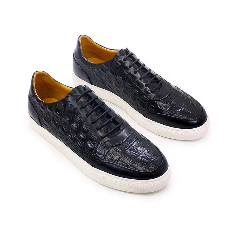 Crocodile Skin Leather Lace-Up Non-Slip Flat Party Shoes for Men