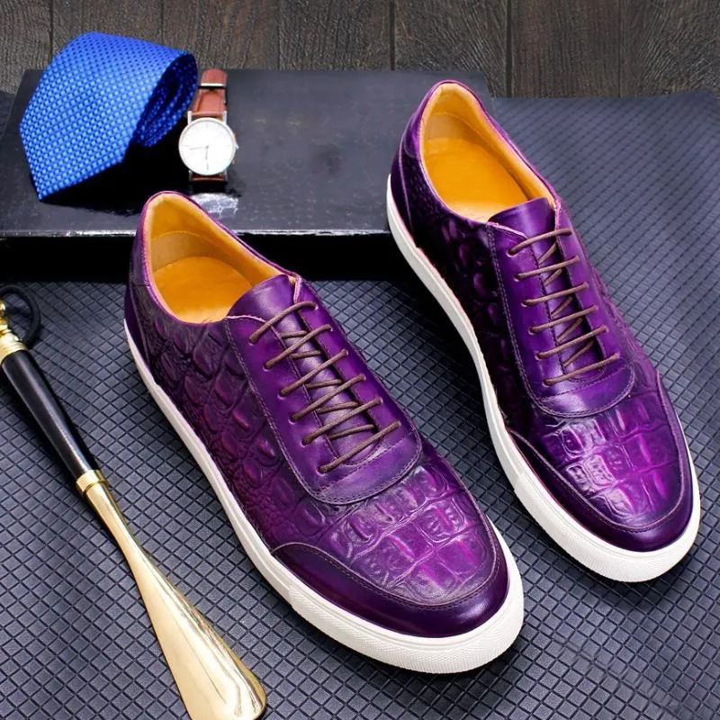 Crocodile Skin Leather Lace-Up Non-Slip Flat Party Shoes for Men