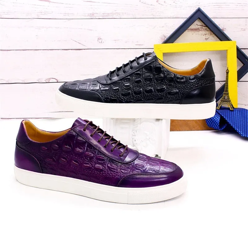 Crocodile Skin Leather Lace-Up Non-Slip Flat Party Shoes for Men