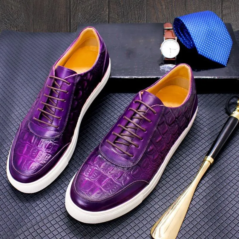 Crocodile Skin Leather Lace-Up Non-Slip Flat Party Shoes for Men