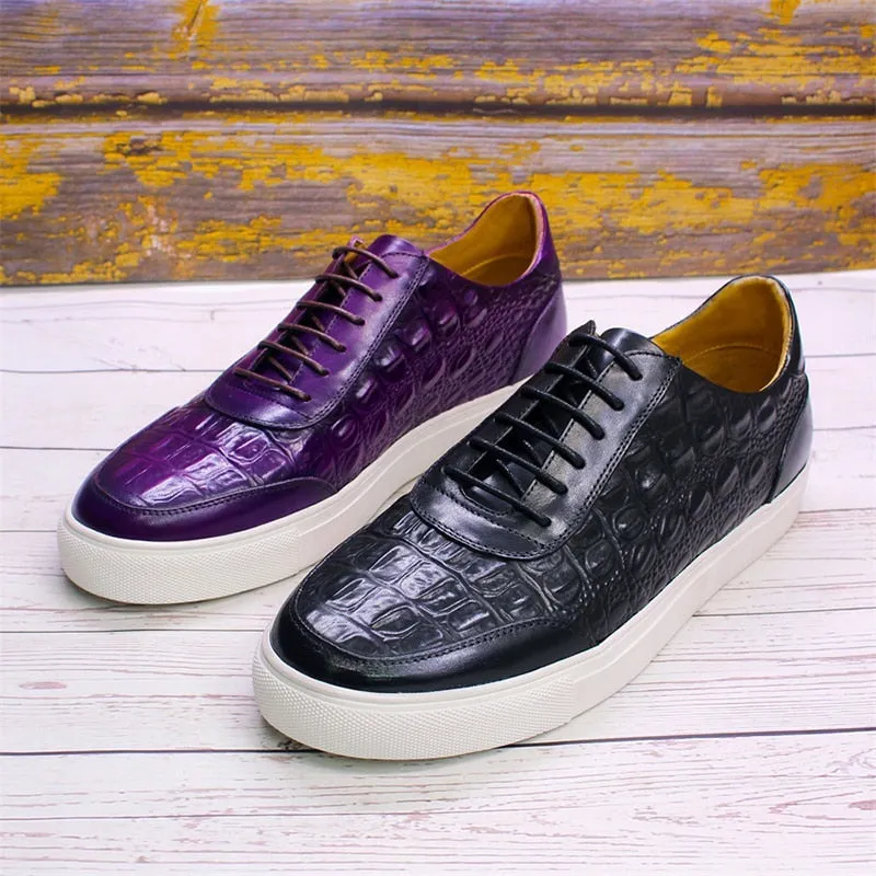 Crocodile Skin Leather Lace-Up Non-Slip Flat Party Shoes for Men