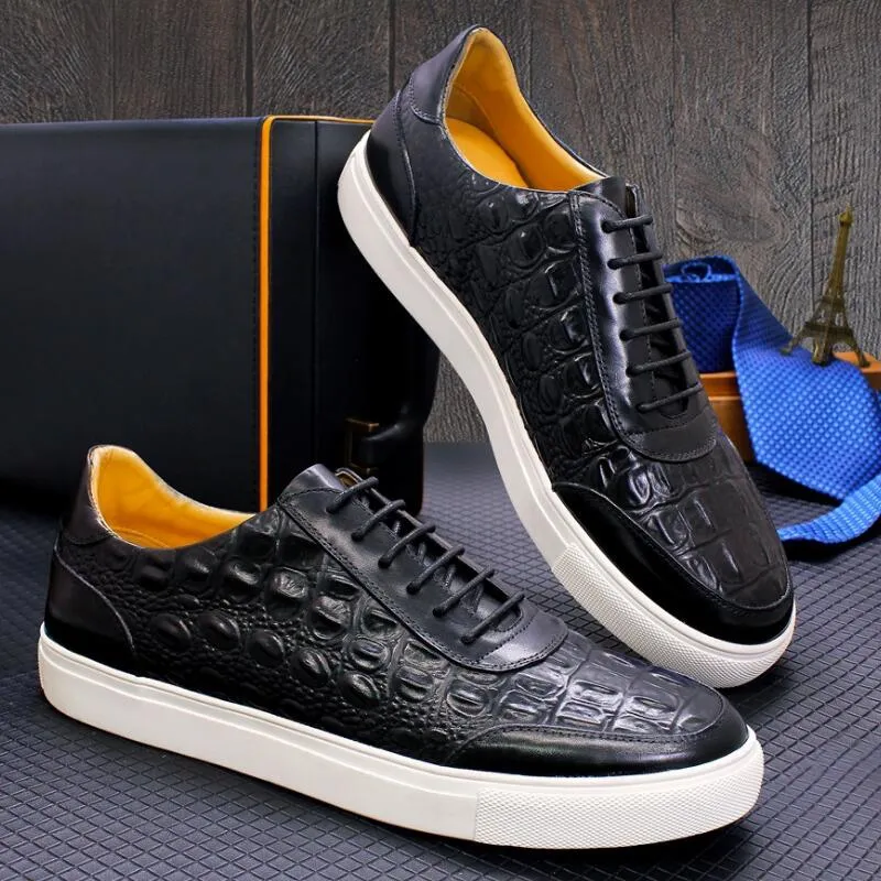 Crocodile Skin Leather Lace-Up Non-Slip Flat Party Shoes for Men