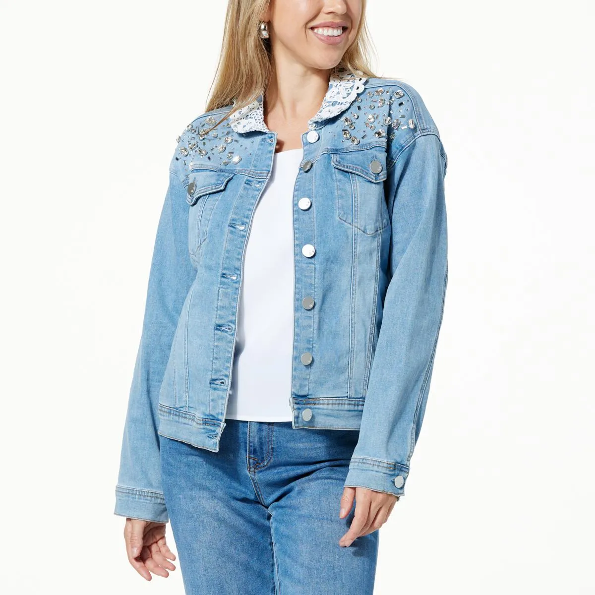      DG2 by Diane Gilman New Classic Stretch Denim Lace Collar Jacket     