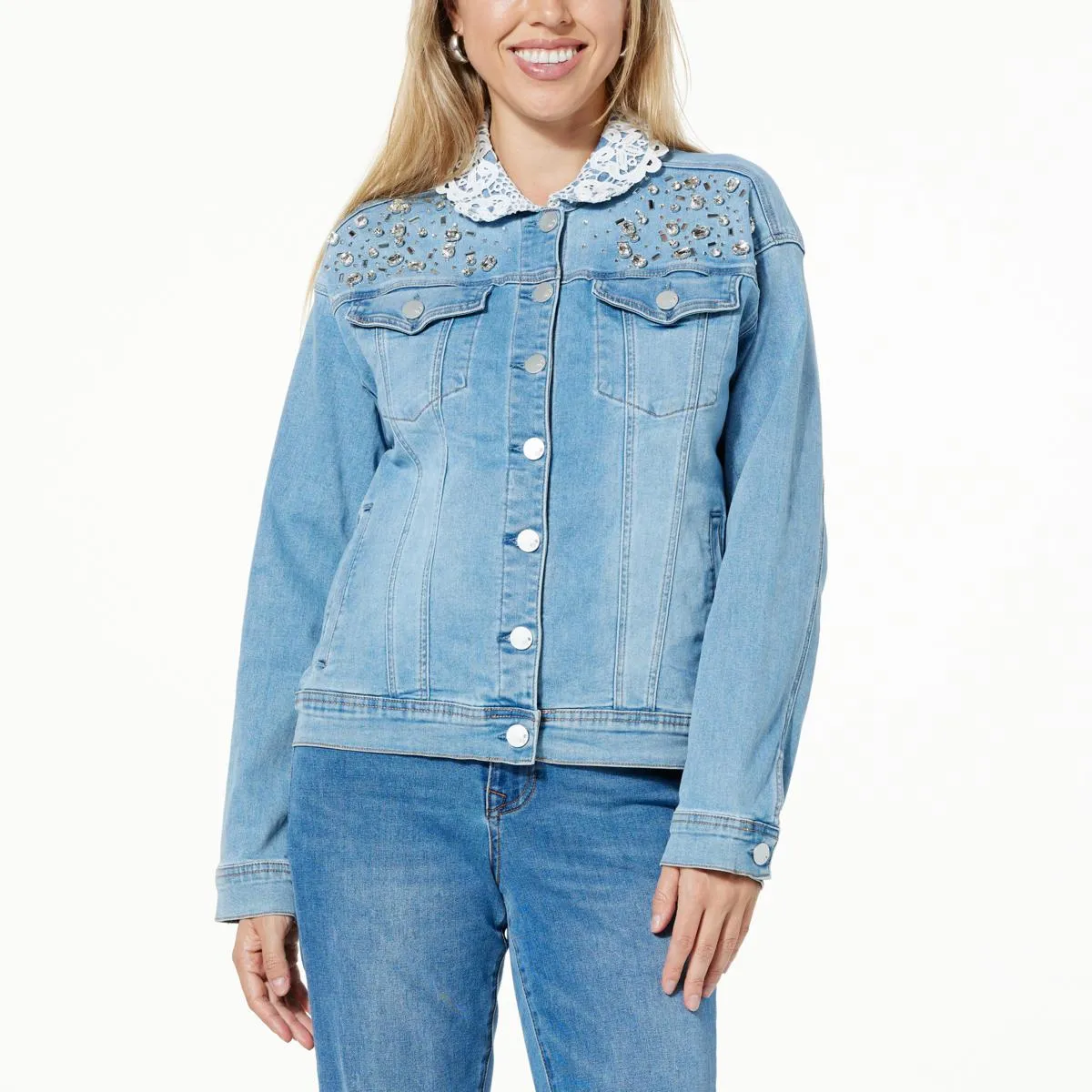      DG2 by Diane Gilman New Classic Stretch Denim Lace Collar Jacket     