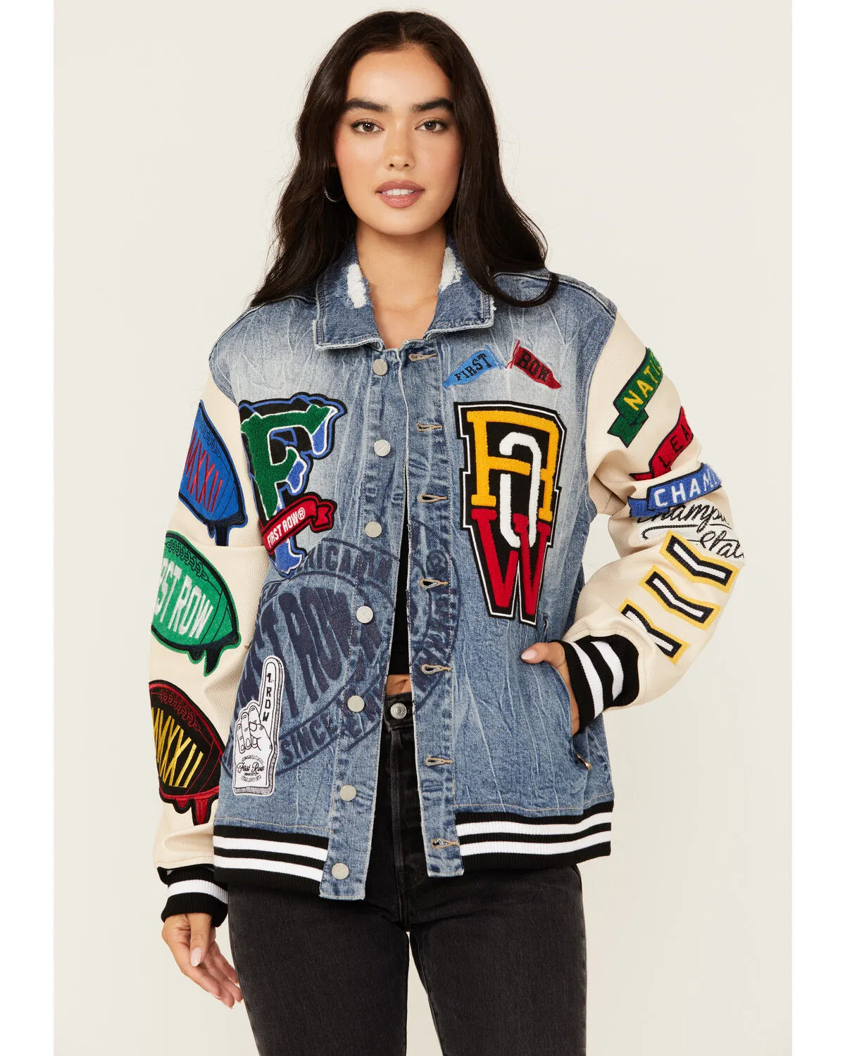 First Row Women's Light Wash Denim Varsity Jacket