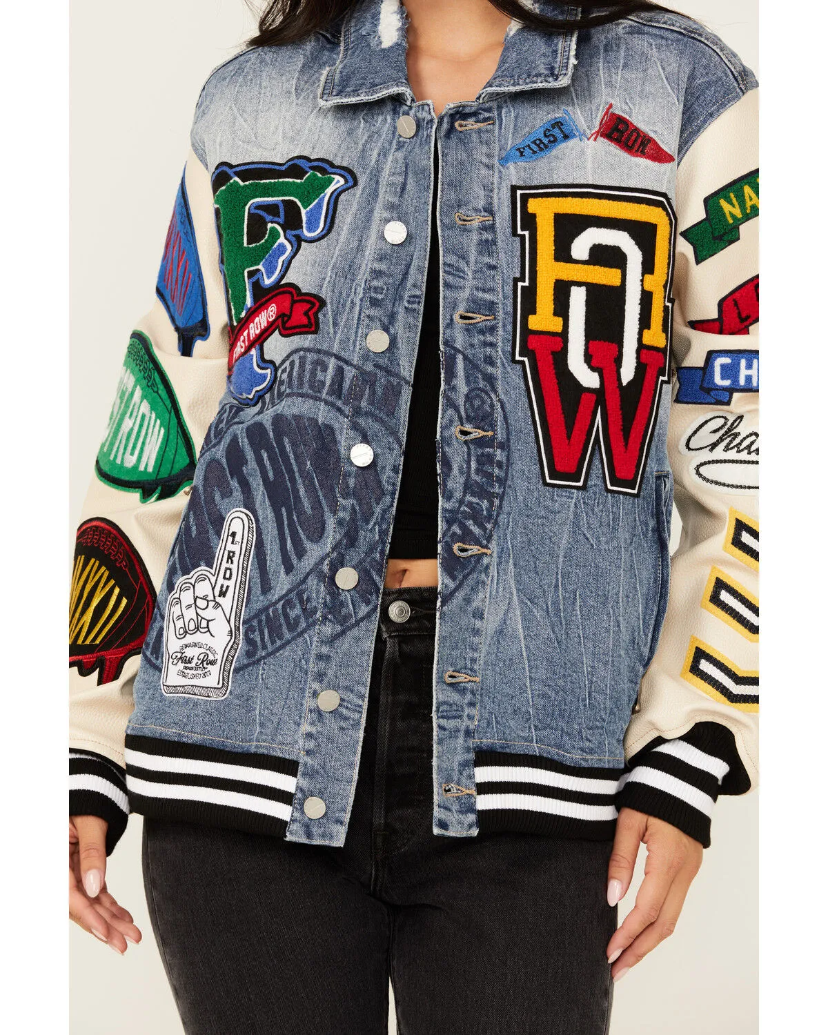 First Row Women's Light Wash Denim Varsity Jacket