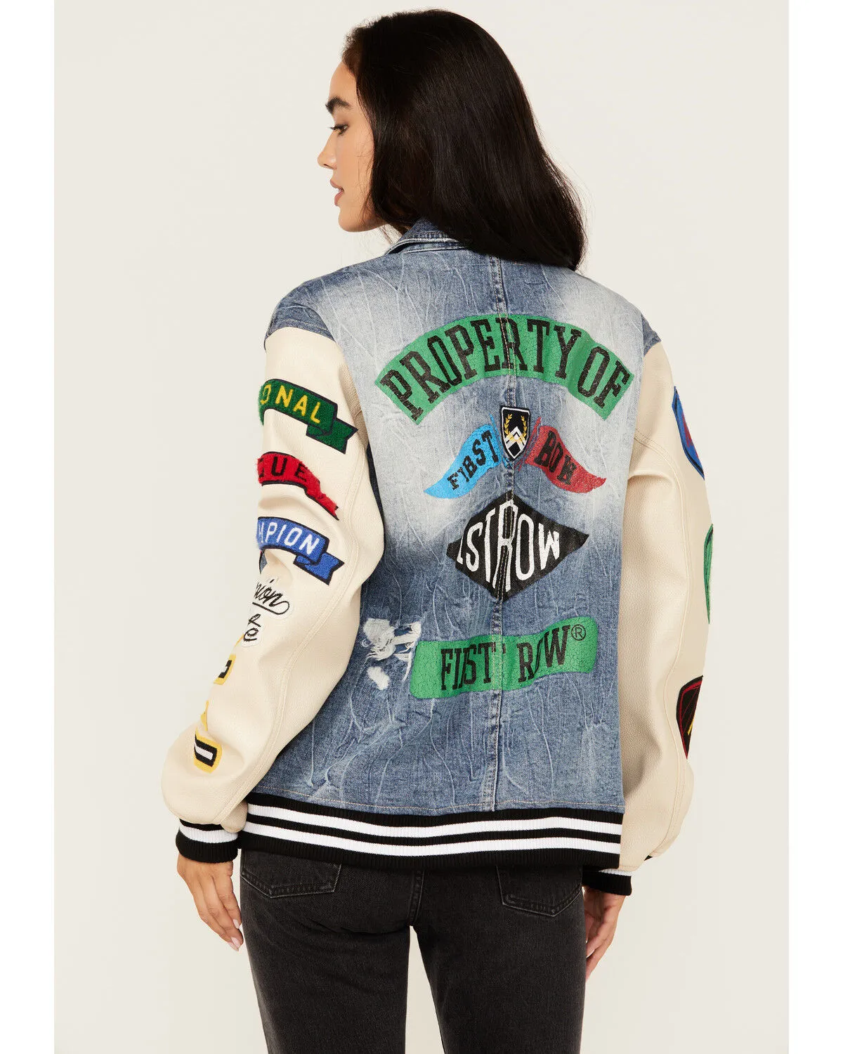 First Row Women's Light Wash Denim Varsity Jacket