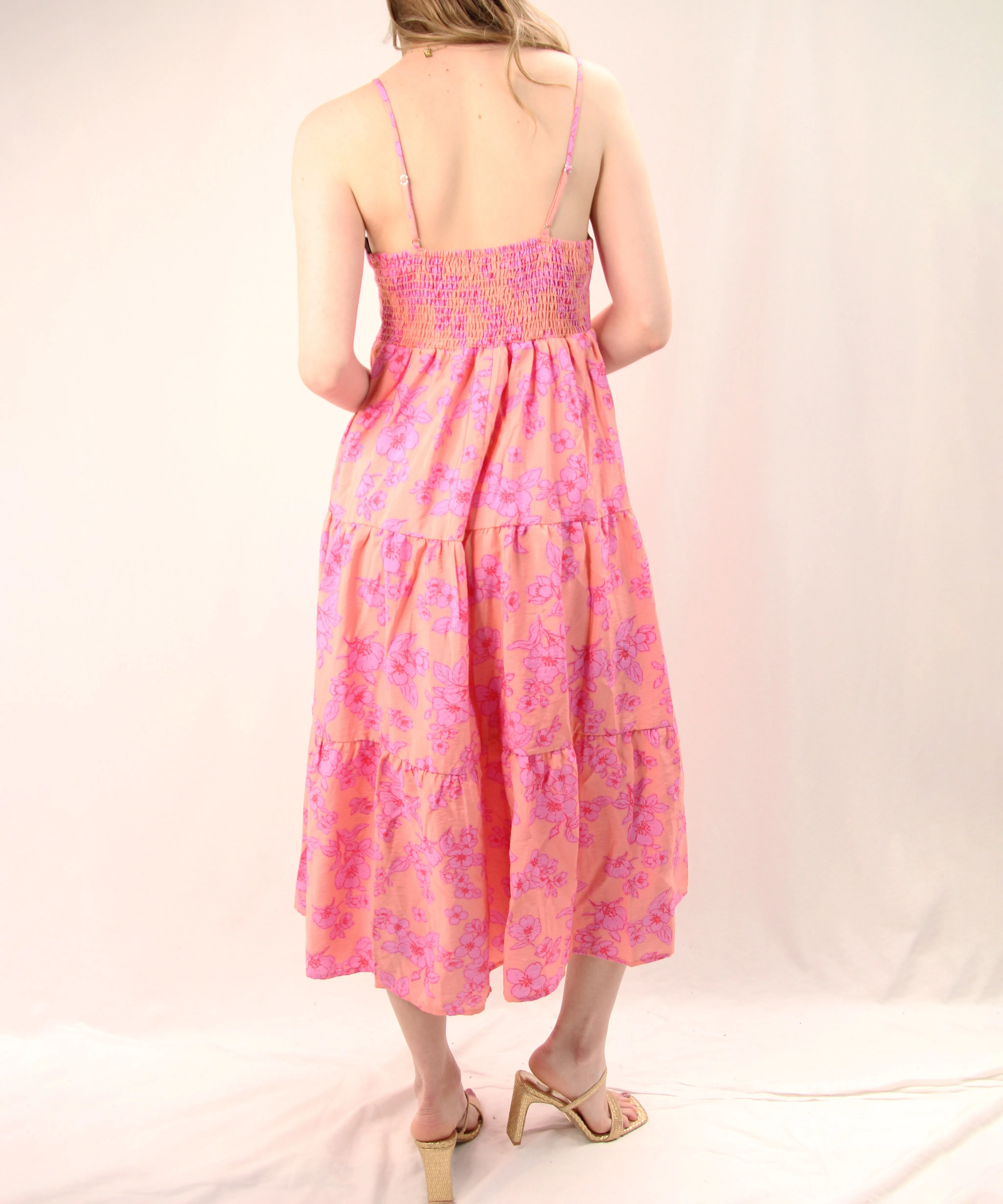 Floral Midi Dress with Smocked Back - Peach/Pink