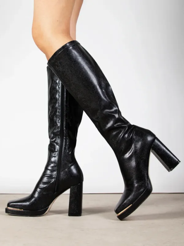 Knee High Boots Women's Black Metal Details Chunky Heel Knee-High Boots