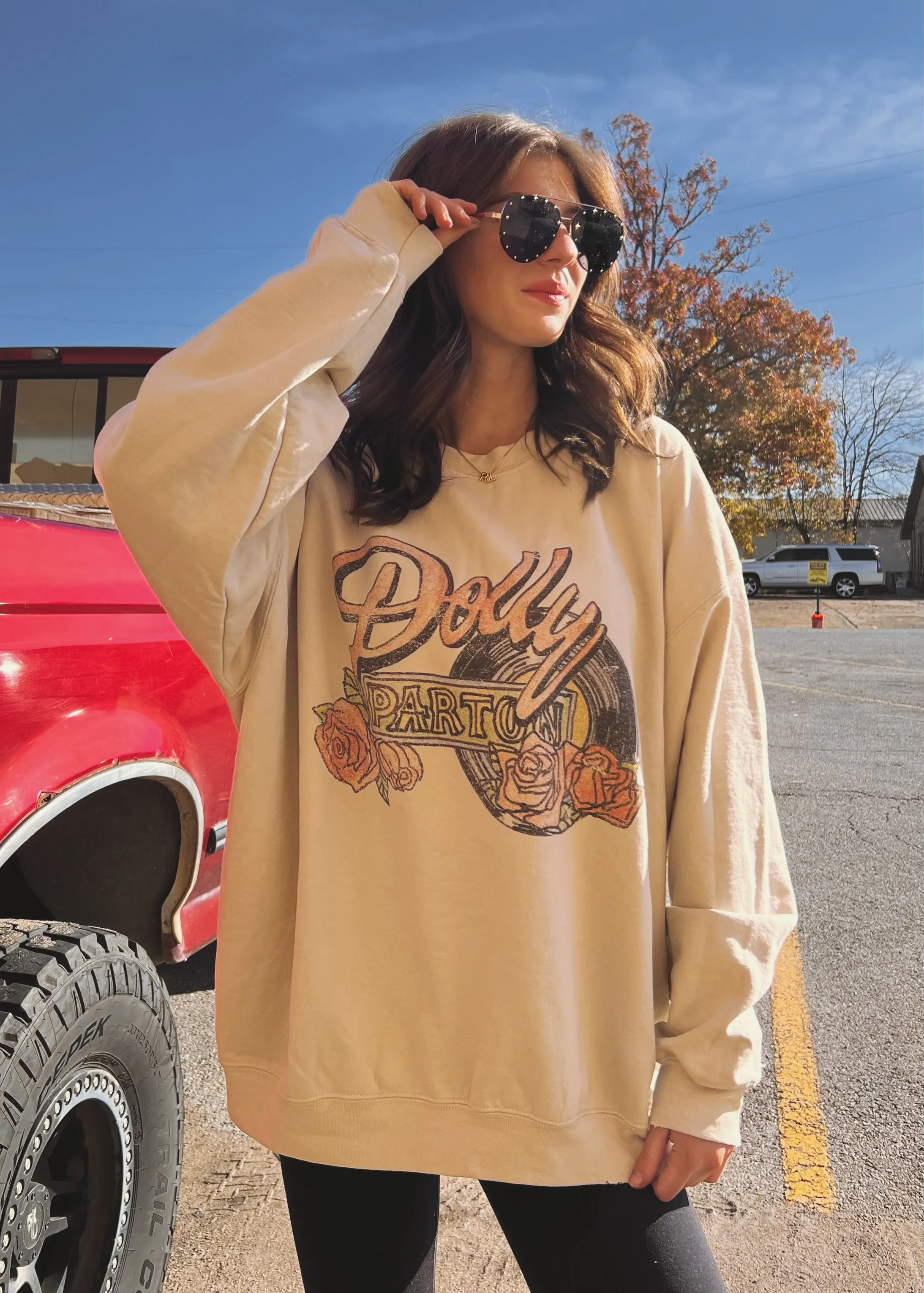 Livy Lu  Dolly Parton Rose Record Sweatshirt | Sand