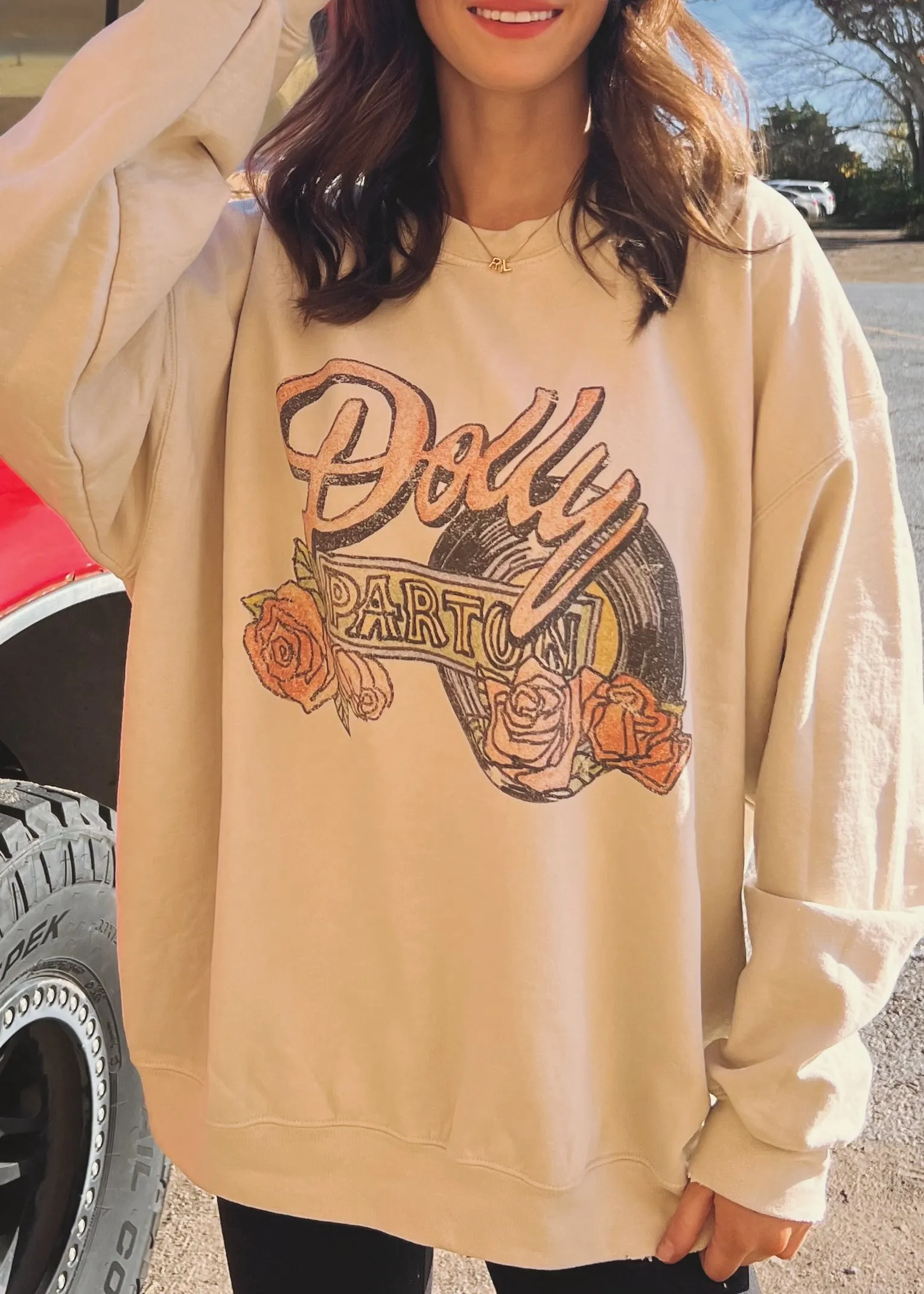 Livy Lu  Dolly Parton Rose Record Sweatshirt | Sand