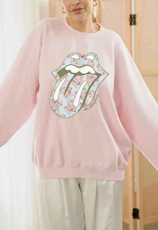 LivyLu - Rolling Stones Floral Thrifted Sweatshirt Pink