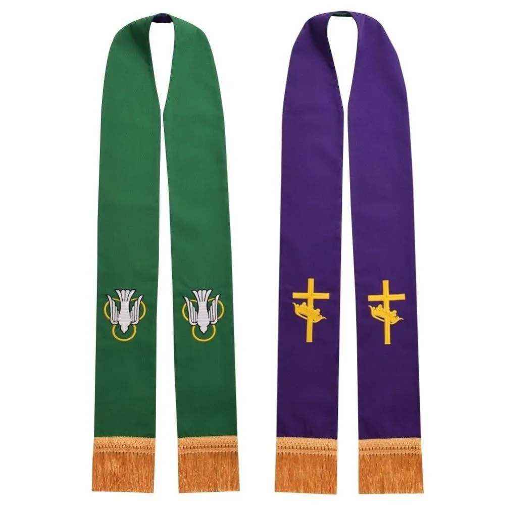 Men Cross Embroidered Church Reversible Priest Bird Green Purple Stole 2pcs