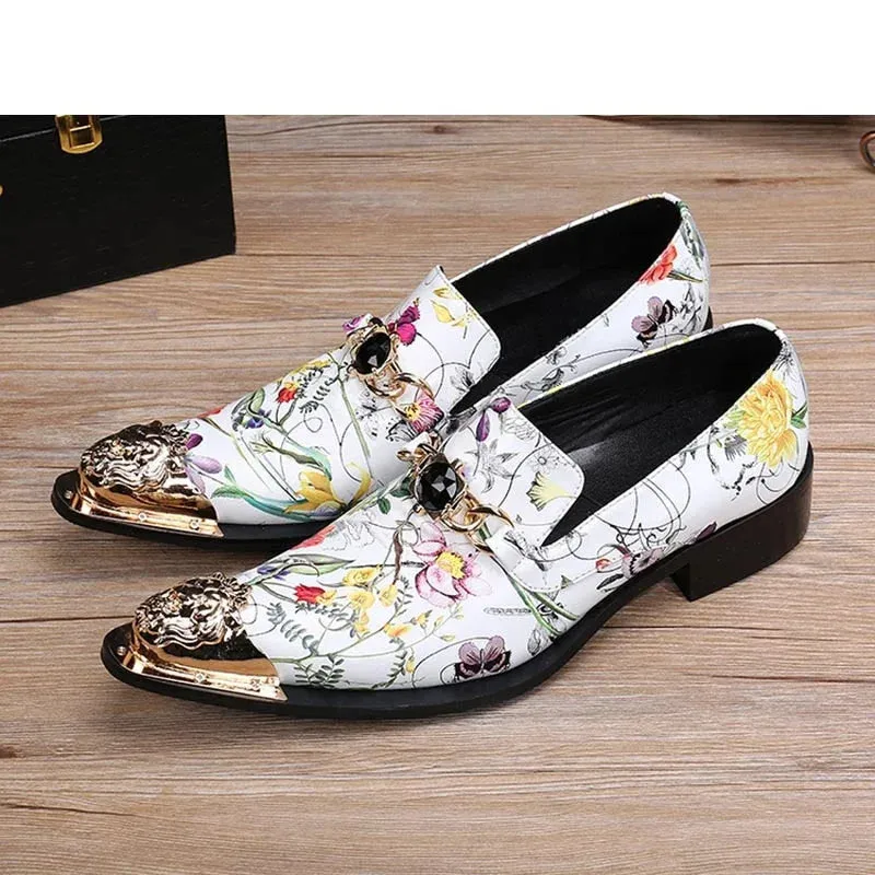 Men's Floral Printed Genuine Leather Pointed Metal Toe Dress Shoes