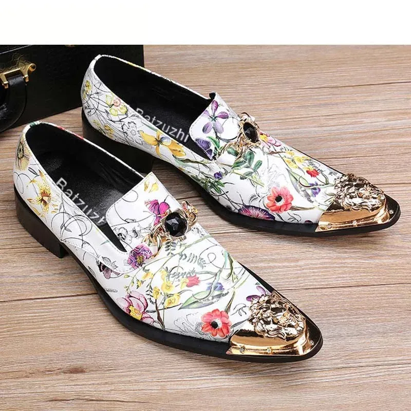 Men's Floral Printed Genuine Leather Pointed Metal Toe Dress Shoes