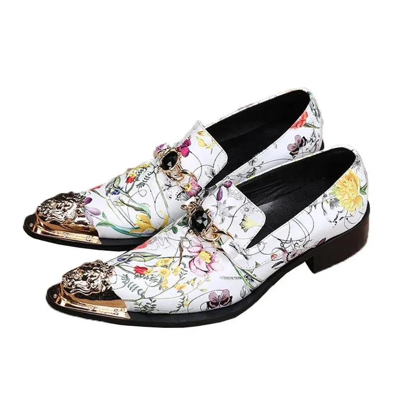 Men's Floral Printed Genuine Leather Pointed Metal Toe Dress Shoes