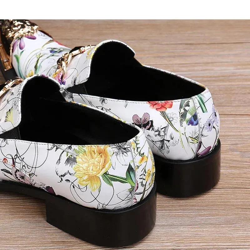 Men's Floral Printed Genuine Leather Pointed Metal Toe Dress Shoes