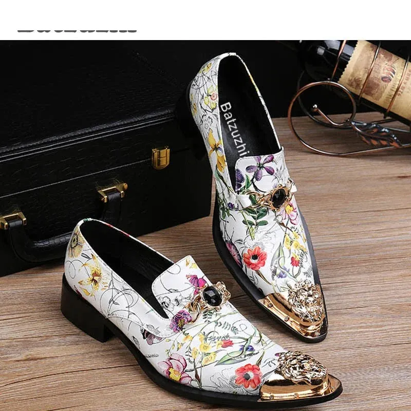 Men's Floral Printed Genuine Leather Pointed Metal Toe Dress Shoes