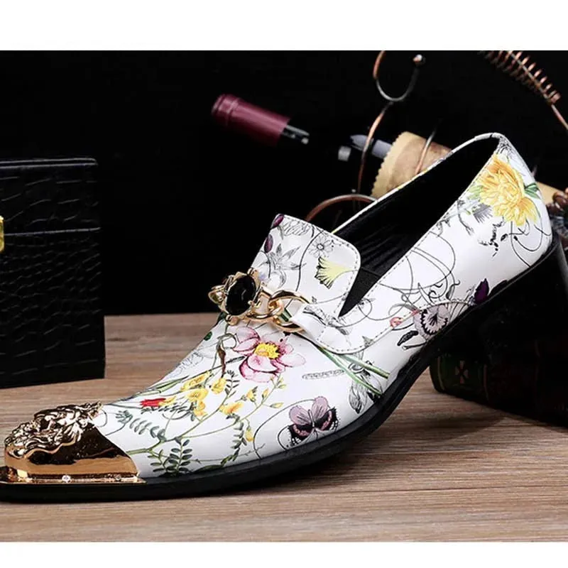 Men's Floral Printed Genuine Leather Pointed Metal Toe Dress Shoes