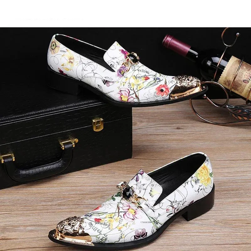 Men's Floral Printed Genuine Leather Pointed Metal Toe Dress Shoes