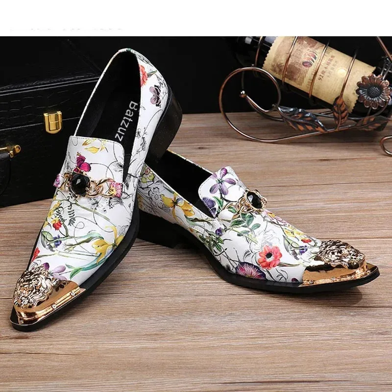 Men's Floral Printed Genuine Leather Pointed Metal Toe Dress Shoes