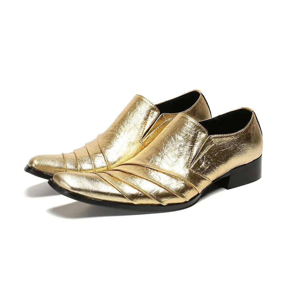 Men's Vintage Gold Pointed Toe Genuine Leather Party Dress Shoes